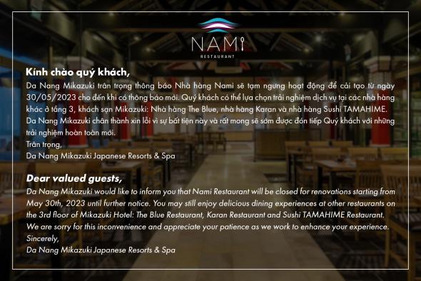 NOTICE: CLOSING NAMI RESTAURANT FROM MAY 30th, 2023